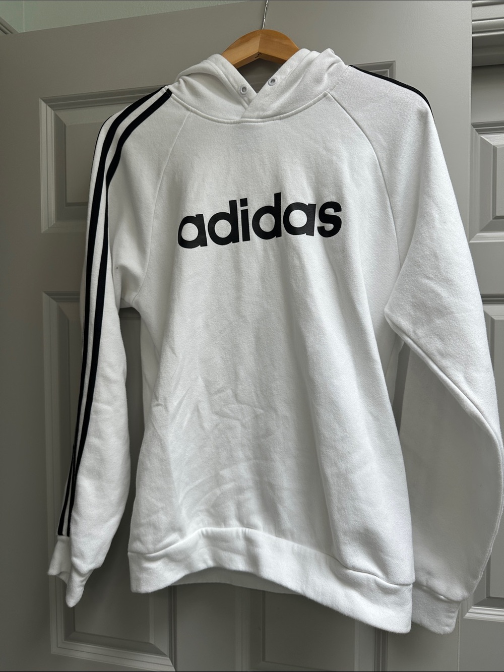 adidas White Hoodie with Black Logo and Shoulder Stripes